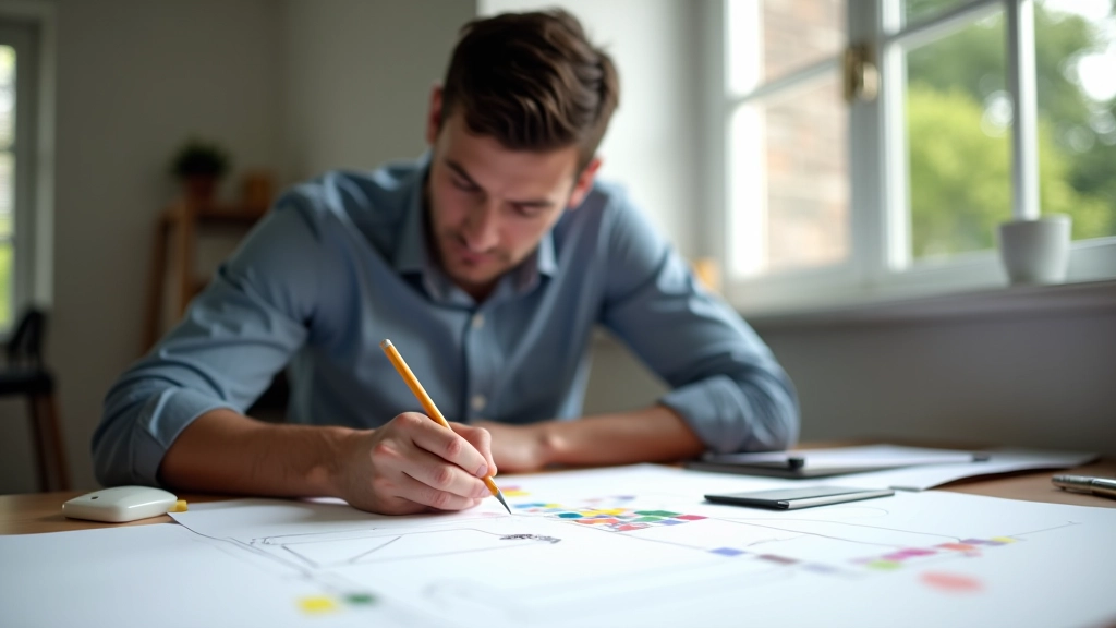 Designer sketching wireframes and layout concepts on paper with color swatches nearby