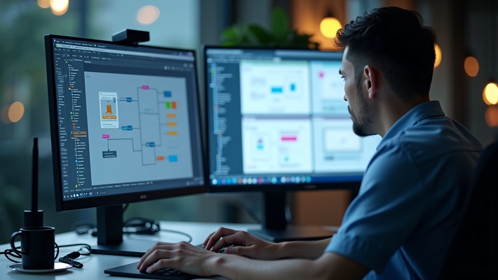Person at computer monitor designing app wireframes and flow diagrams in professional design software