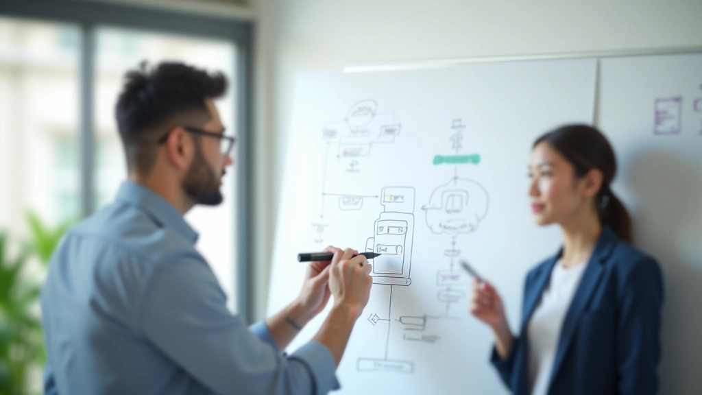 Designer sketching user journey on whiteboard with different colored markers showing user decisions and paths