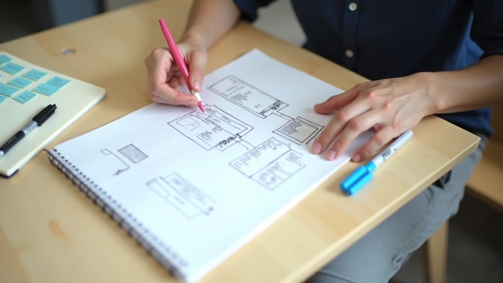 Hands sketching wireframes and user flows on paper with colored markers and sticky notes on table