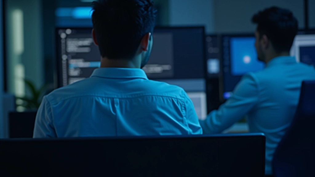 Developer and designer reviewing interactive prototype on monitor with code editor visible in background
