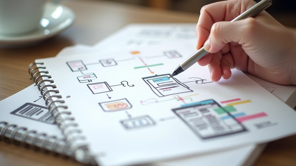 Mobile app wireframes and user flow diagrams sketched on paper with notes