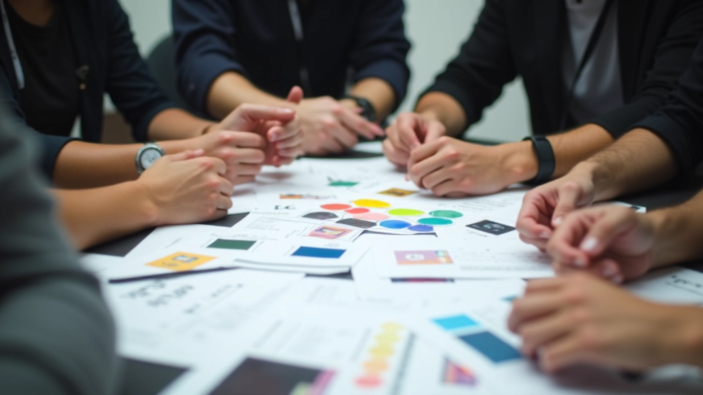 Team discussion around a design review with color palette swatches and design system components