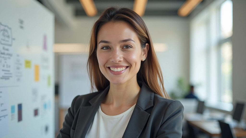 Professional woman designer at whiteboard, portrait from chest up, pointing at design sketches, collaborative workspace